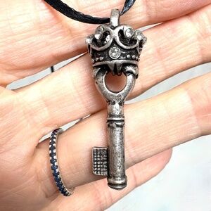 necklace pendant silver key faux crystal black satin cord romance chatelaine